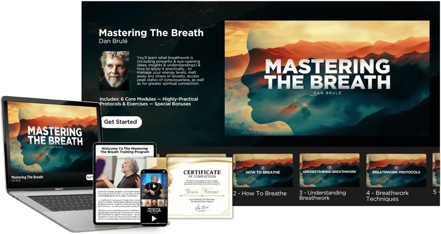 Mastering The Breath — full course mockup across laptop, tablet & phone